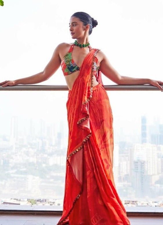 Orange Embellished Pre - Draped Chiffon Saree Basil Leaf - Fabilicious Fashion