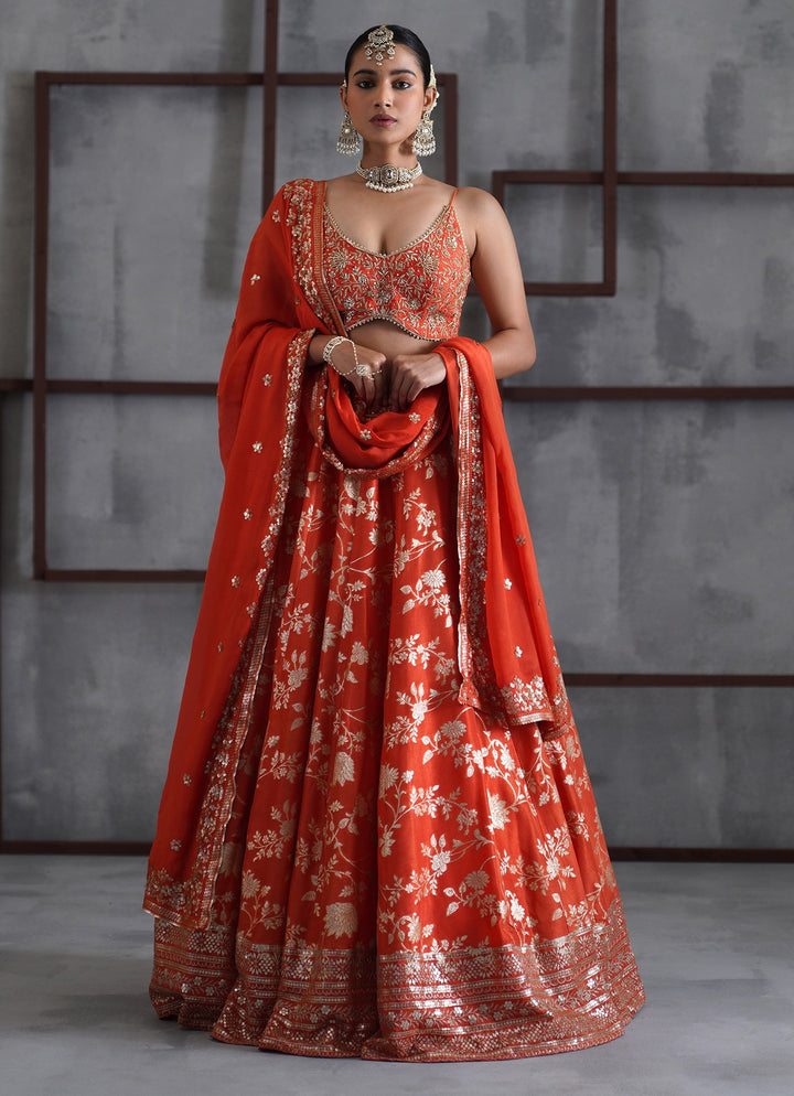 Orange Embroidered Banarasi Lehenga Set Deepika Chadha - Fabilicious Fashion