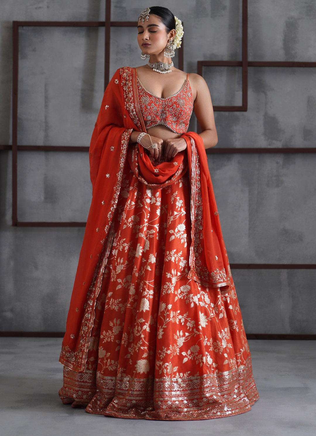 Orange Embroidered Banarasi Lehenga Set Deepika Chadha - Fabilicious Fashion