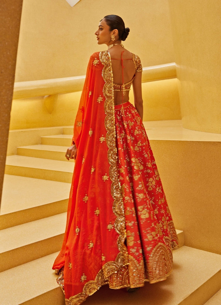 Orange Embroidered Bridal Silk Lehenga Prevasu - Fabilicious Fashion