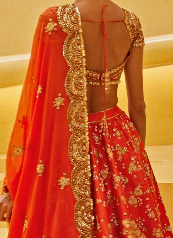 Orange Embroidered Bridal Silk Lehenga Prevasu - Fabilicious Fashion