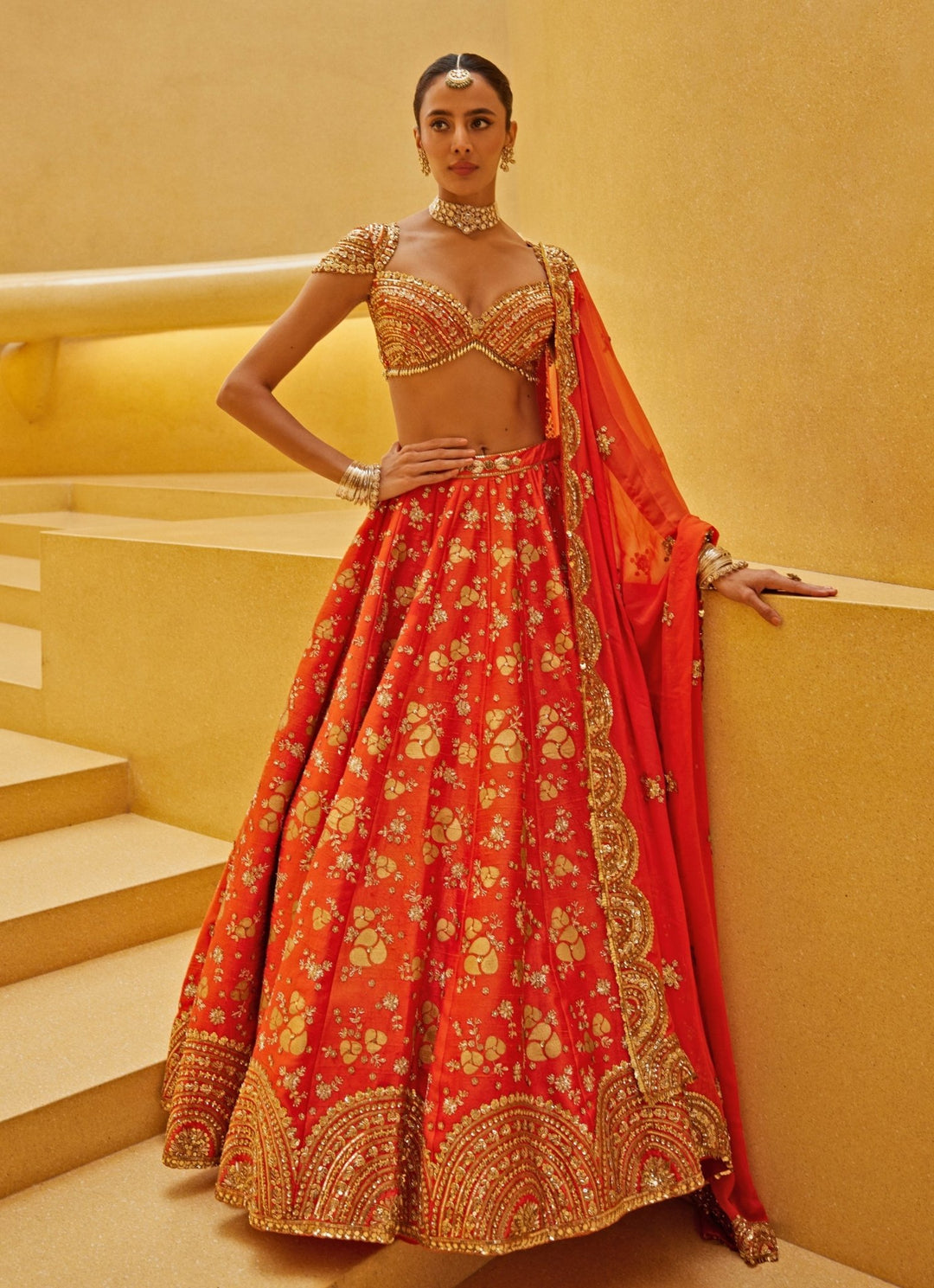 Orange Embroidered Bridal Silk Lehenga Prevasu - Fabilicious Fashion