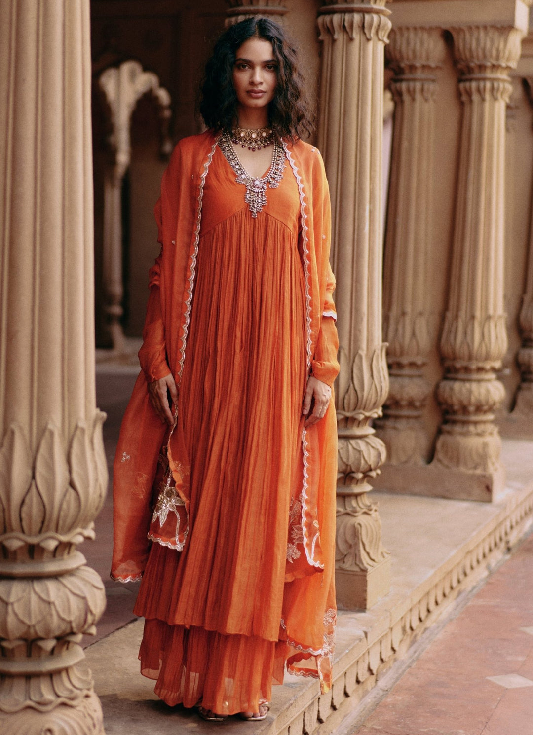 Orange Embroidered Chanderi Anarkali With Skirt Set Paulmi and Harsh - Fabilicious Fashion