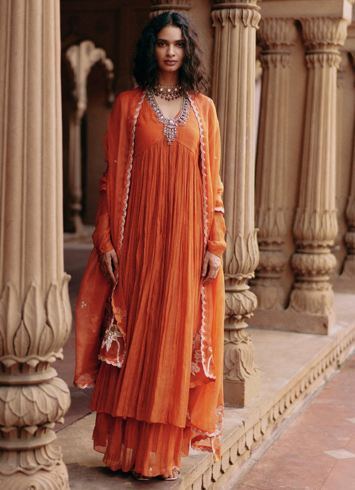 Orange Embroidered Chanderi Anarkali With Skirt Set Paulmi and Harsh - Fabilicious Fashion