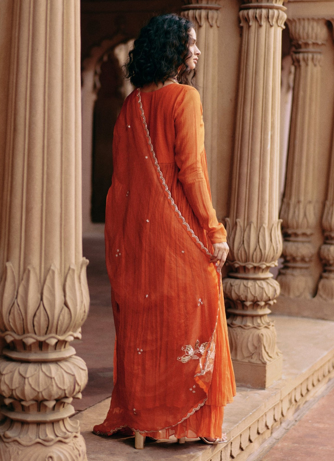 Orange Embroidered Chanderi Anarkali With Skirt Set Paulmi and Harsh - Fabilicious Fashion