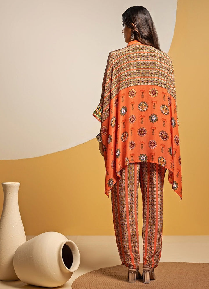 Orange Embroidered Crepe Kimono Kurta Pants Set Soup by Sougat Paul - Fabilicious Fashion