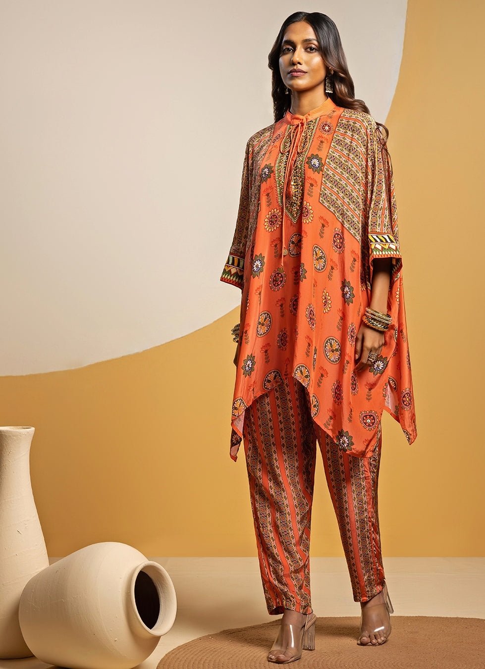 Orange Embroidered Crepe Kimono Kurta Pants Set Soup by Sougat Paul - Fabilicious Fashion