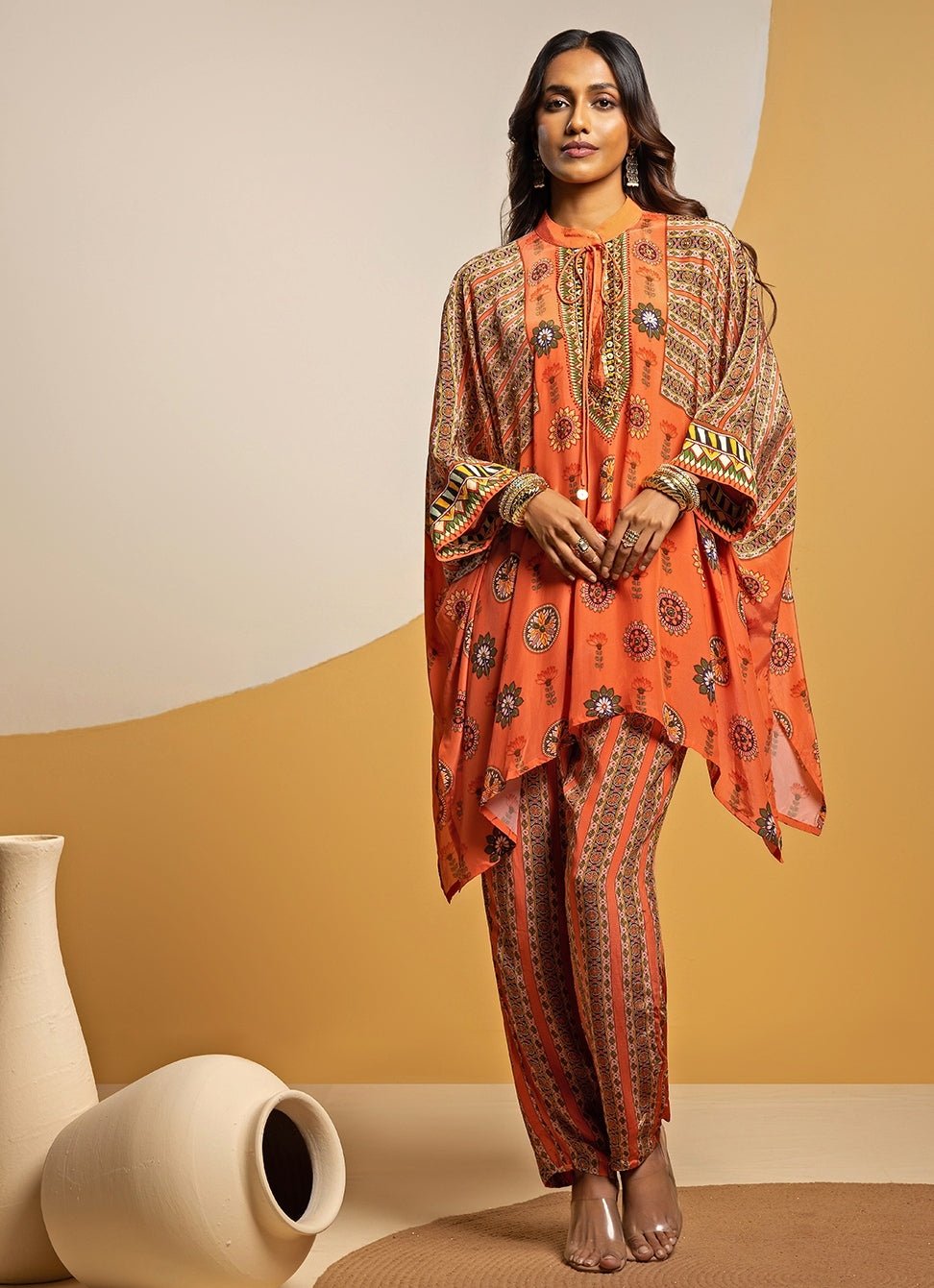 Orange Embroidered Crepe Kimono Kurta Pants Set Soup by Sougat Paul - Fabilicious Fashion