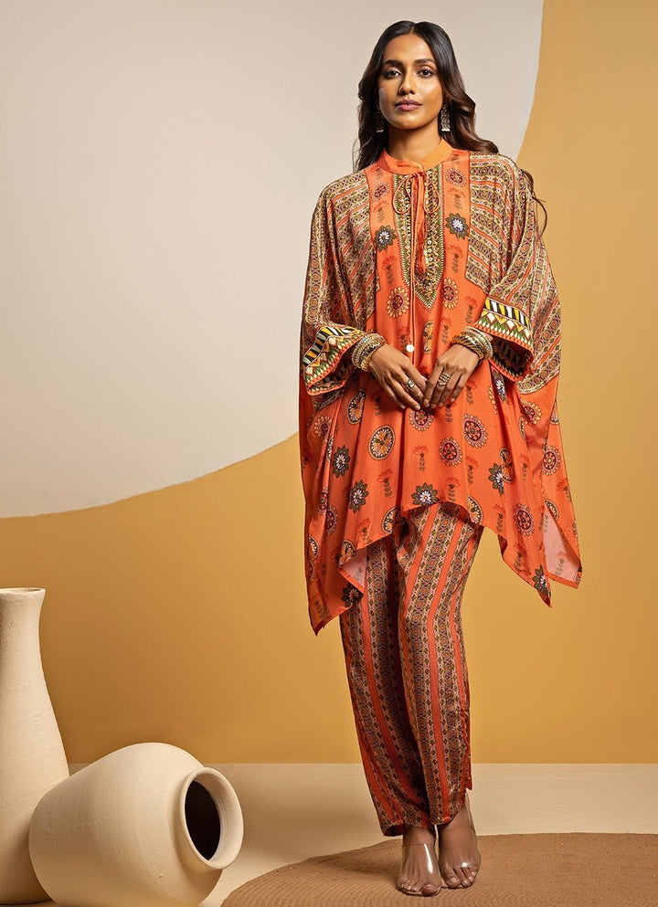 Orange Embroidered Crepe Kimono Kurta Pants Set Soup by Sougat Paul - Fabilicious Fashion