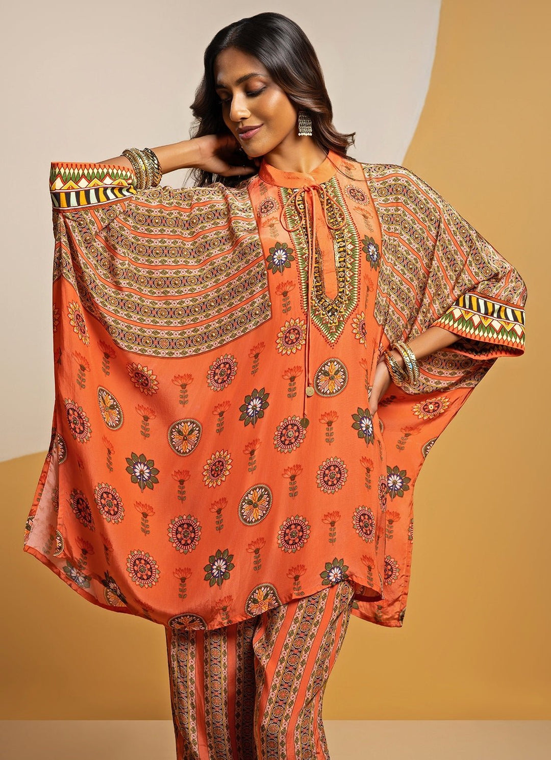 Orange Embroidered Crepe Kimono Kurta Pants Set Soup by Sougat Paul - Fabilicious Fashion