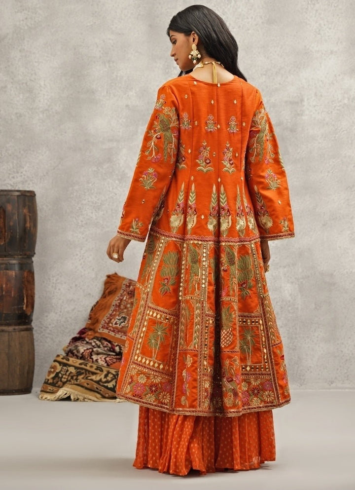Orange Embroidered Georgette Jacket Sharara Set Kapda Dori - Fabilicious Fashion