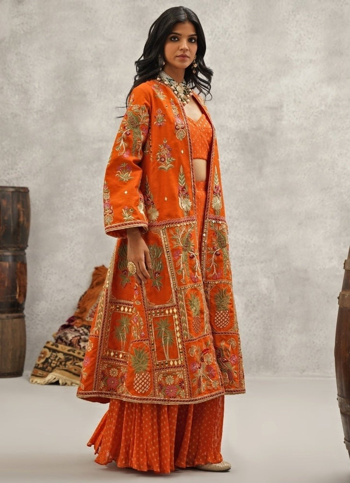 Orange Embroidered Georgette Jacket Sharara Set Kapda Dori - Fabilicious Fashion