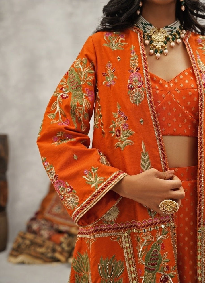 Orange Embroidered Georgette Jacket Sharara Set Kapda Dori - Fabilicious Fashion