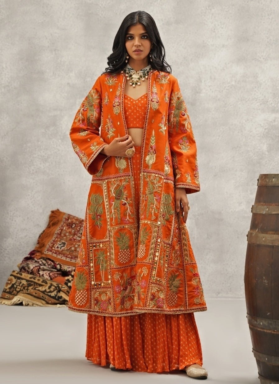 Orange Embroidered Georgette Jacket Sharara Set Kapda Dori - Fabilicious Fashion
