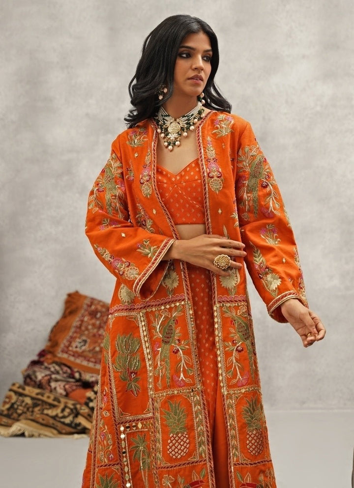 Orange Embroidered Georgette Jacket Sharara Set Kapda Dori - Fabilicious Fashion