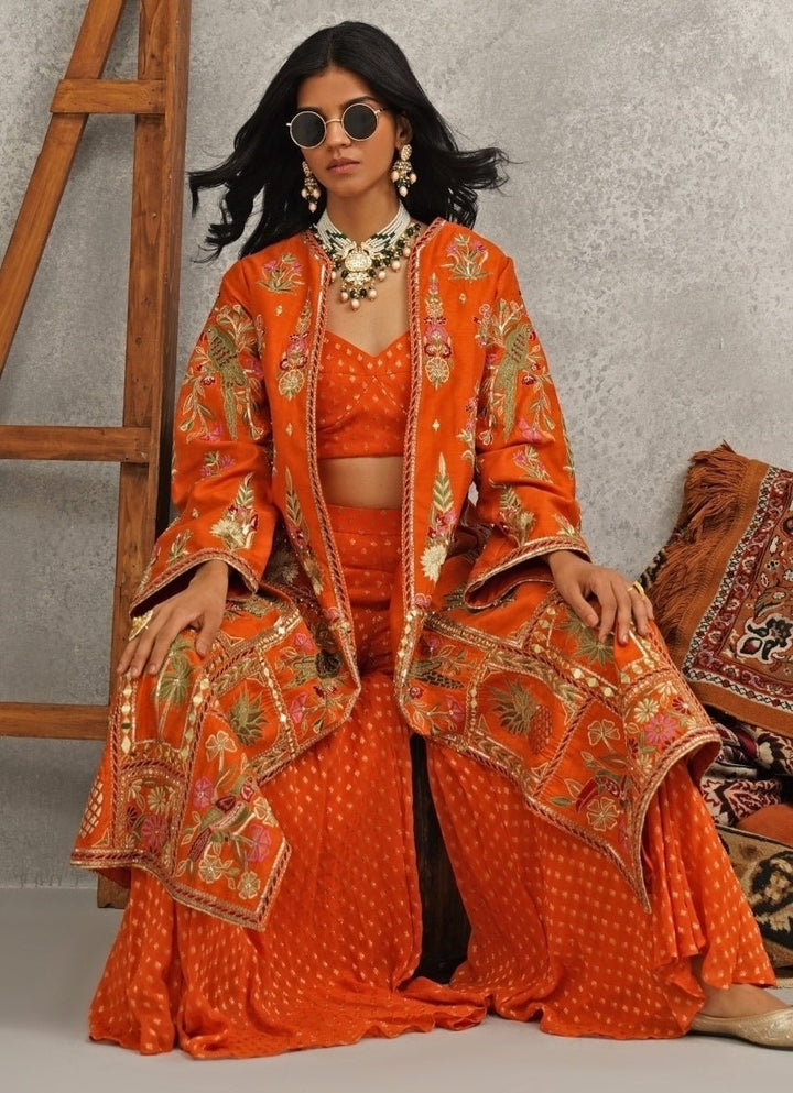 Orange Embroidered Georgette Jacket Sharara Set Kapda Dori - Fabilicious Fashion