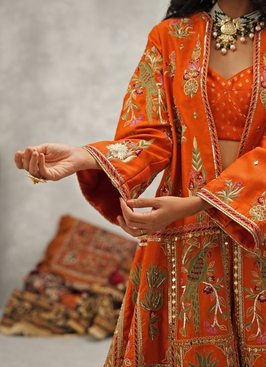 Orange Embroidered Georgette Jacket Sharara Set Kapda Dori - Fabilicious Fashion
