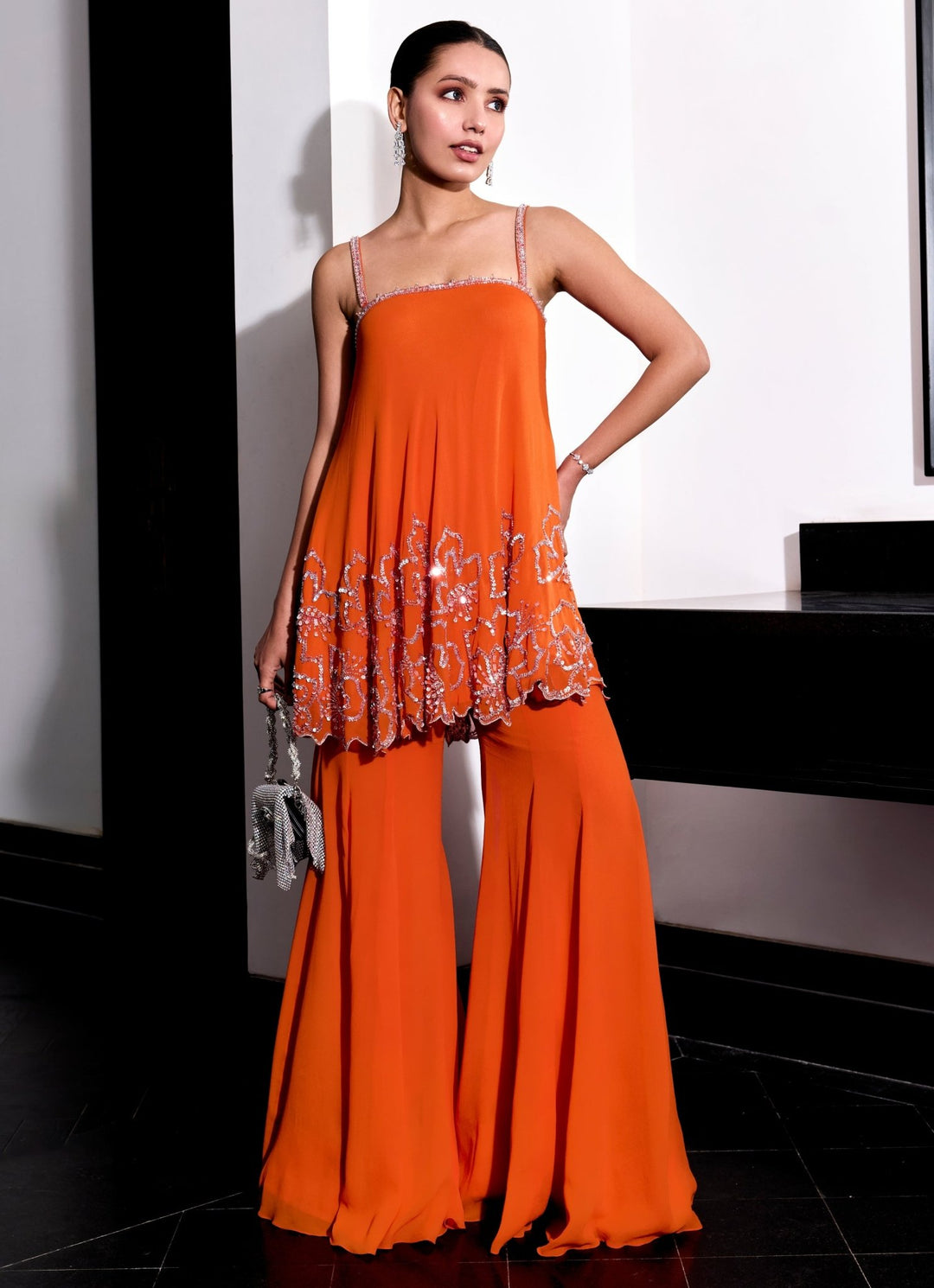 Orange Embroidered Georgette Kurta Pant Set Sanya Gulati - Fabilicious Fashion