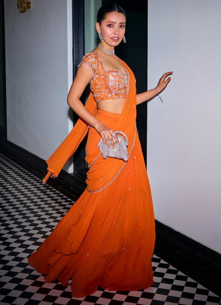 Orange Embroidered Georgette Predraped Saree Sanya Gulati - Fabilicious Fashion