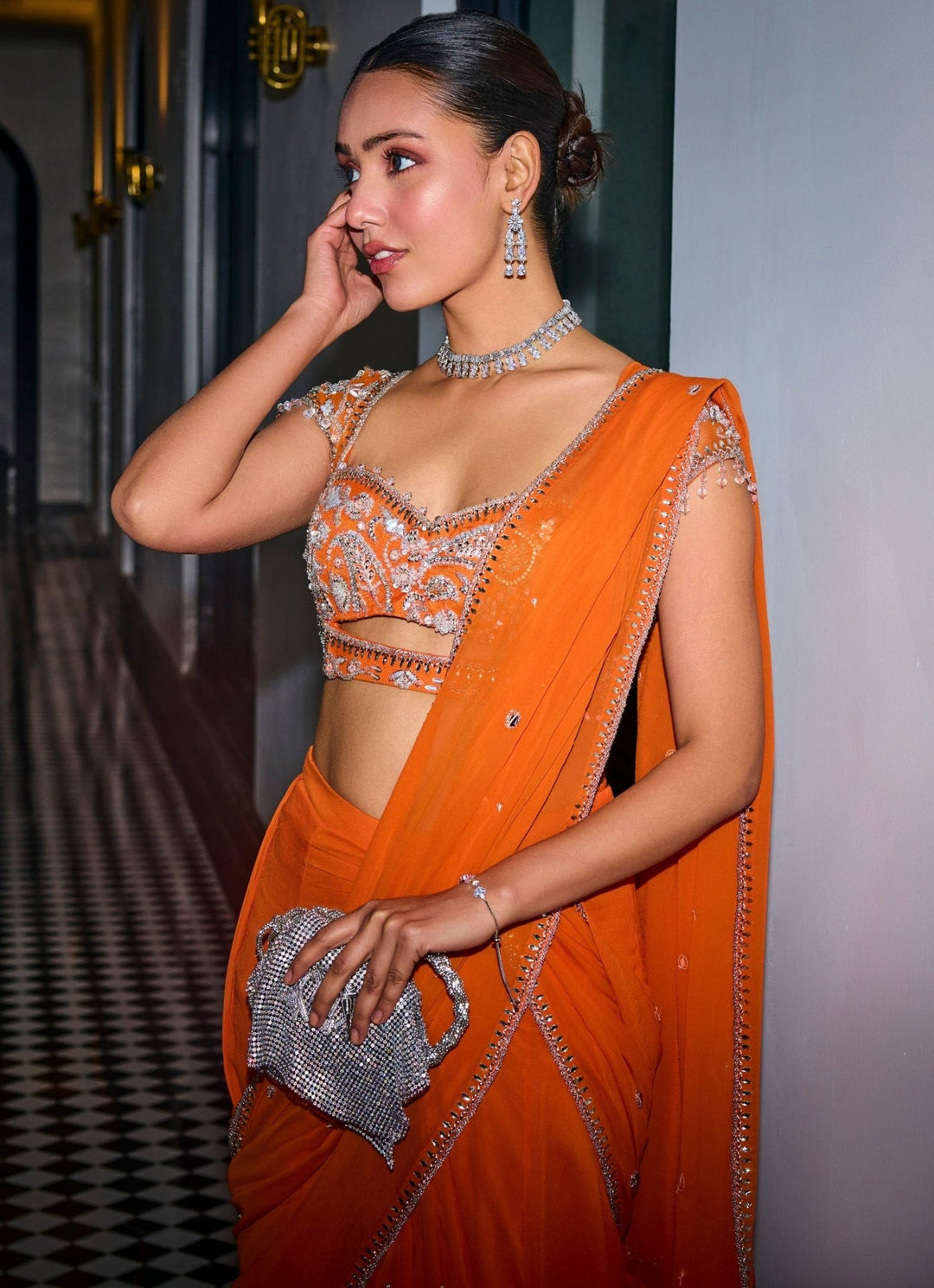 Orange Embroidered Georgette Predraped Saree Sanya Gulati - Fabilicious Fashion