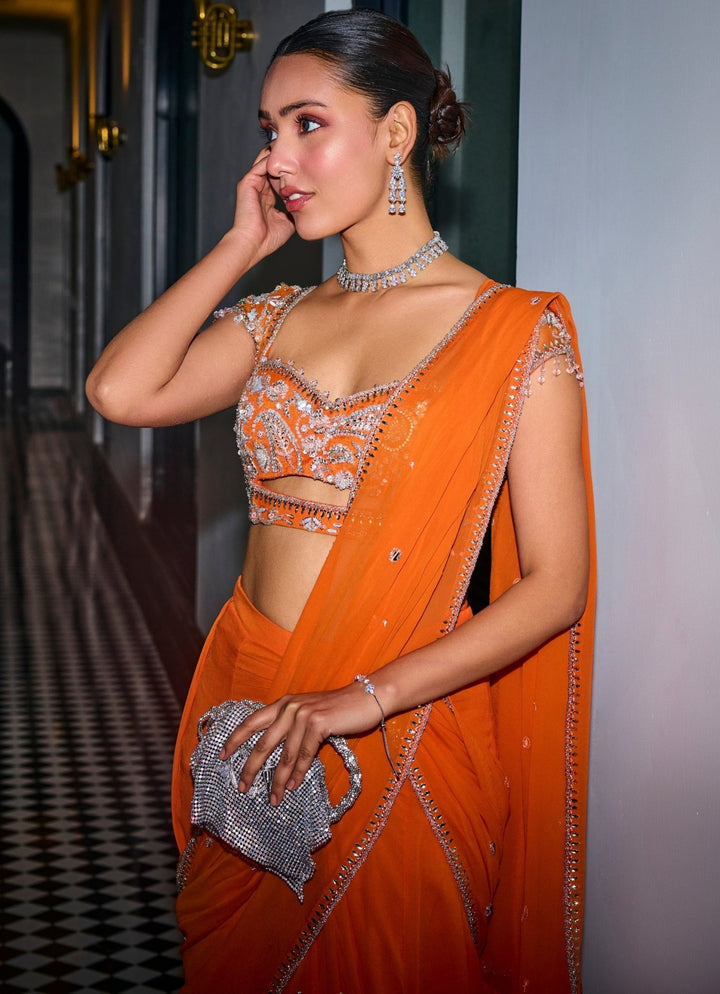 Orange Embroidered Georgette Predraped Saree Sanya Gulati - Fabilicious Fashion