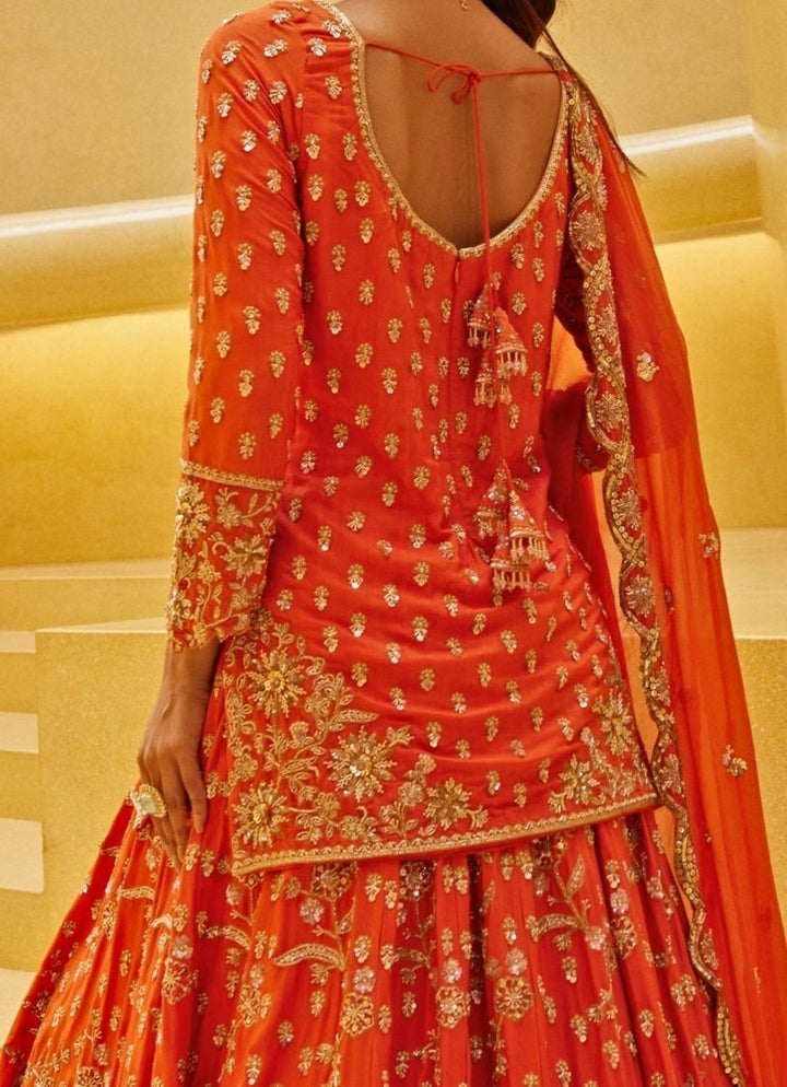 Orange Embroidered Kurti And Lehenga Set Prevasu - Fabilicious Fashion