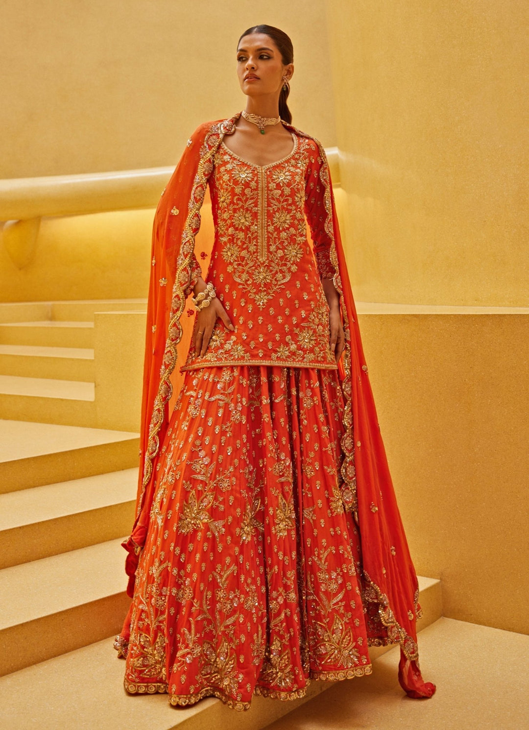 Orange Embroidered Kurti And Lehenga Set Prevasu - Fabilicious Fashion