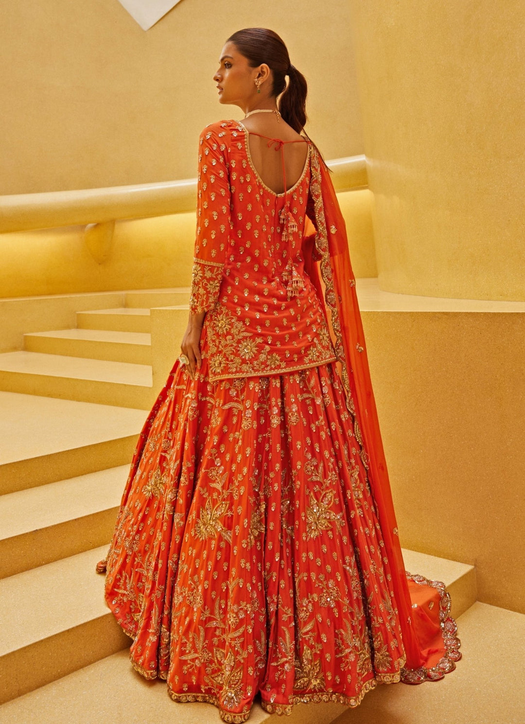 Orange Embroidered Kurti And Lehenga Set Prevasu - Fabilicious Fashion
