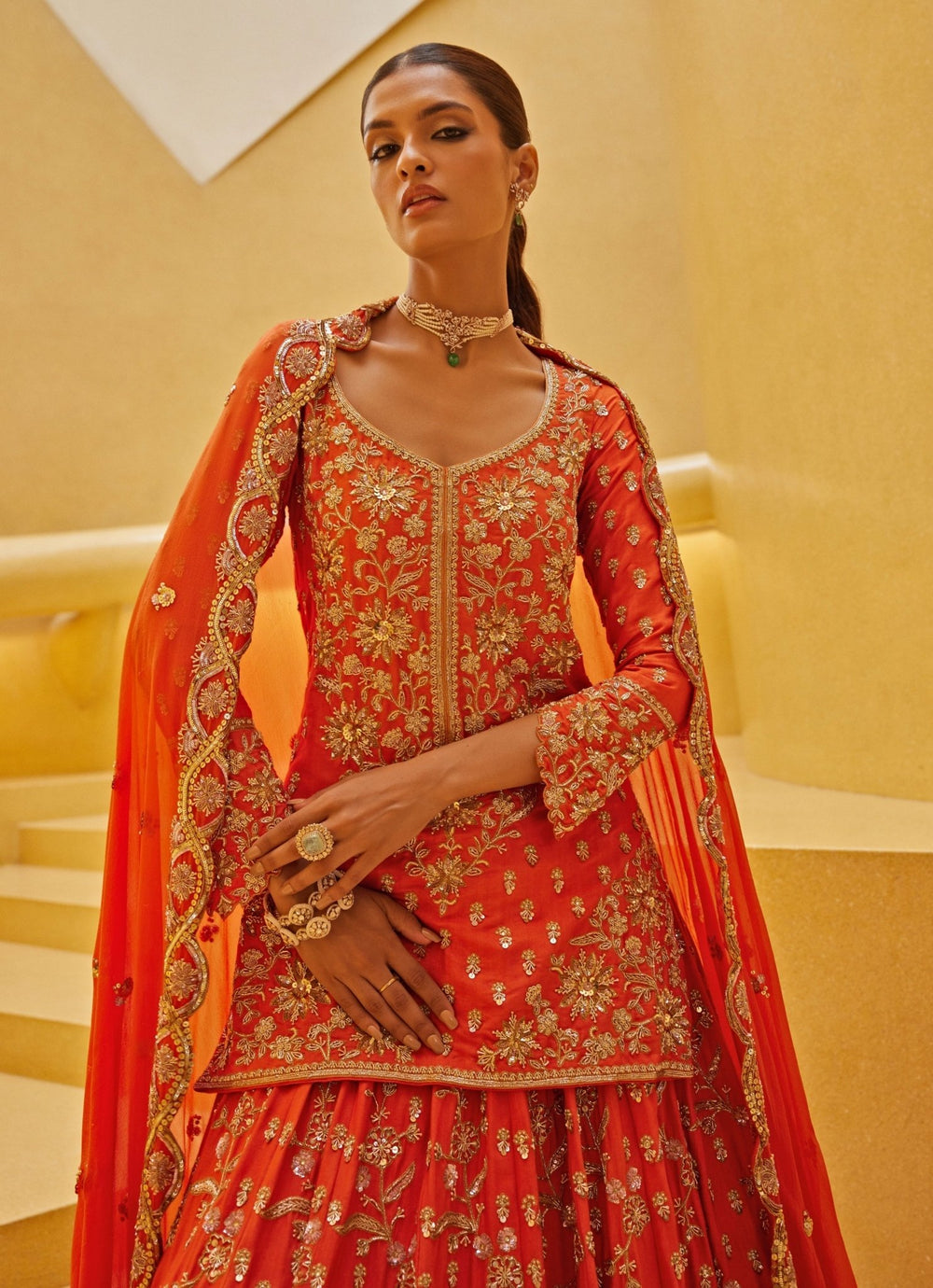 Orange Embroidered Kurti And Lehenga Set Prevasu - Fabilicious Fashion
