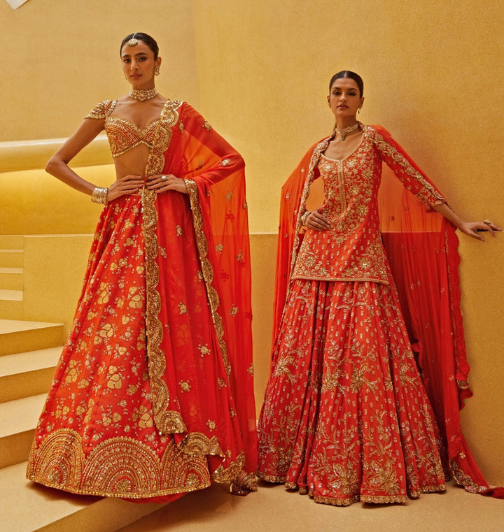 Orange Embroidered Kurti And Lehenga Set Prevasu - Fabilicious Fashion