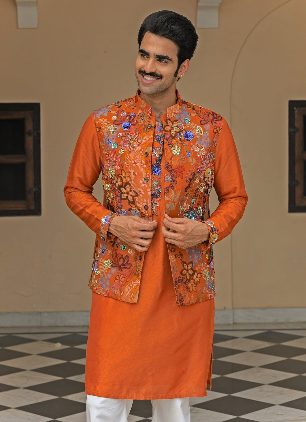 Juhi Bengani - Men Orange Embroidered Organza BundiFabilicious Fashion
