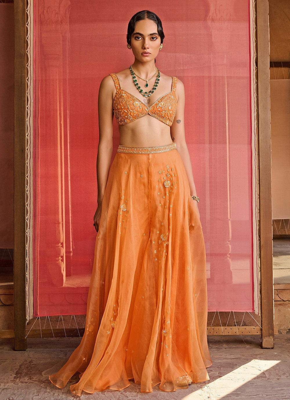 Orange Embroidered Organza Pants Set With Jacket Zoon Tribe - Fabilicious Fashion