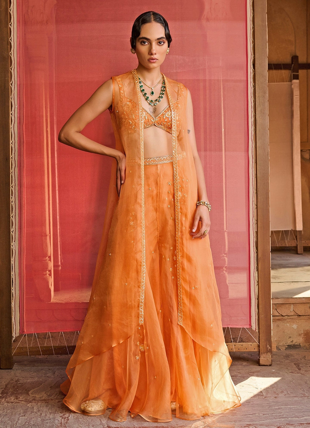 Orange Embroidered Organza Pants Set With Jacket Zoon Tribe - Fabilicious Fashion