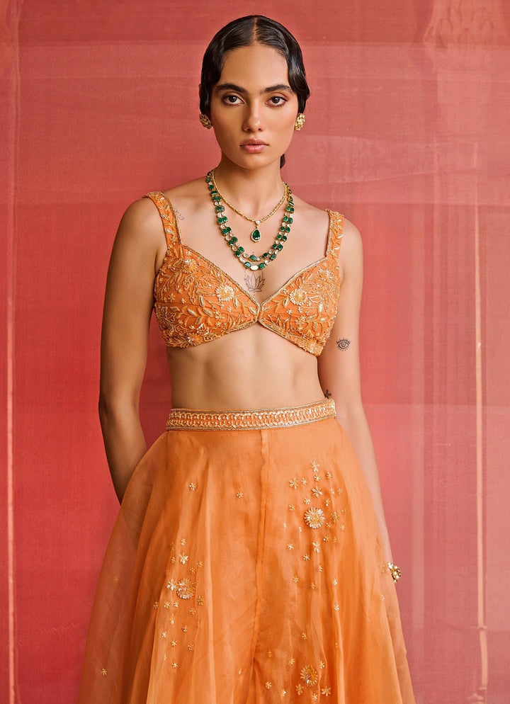 Orange Embroidered Organza Pants Set With Jacket Zoon Tribe - Fabilicious Fashion