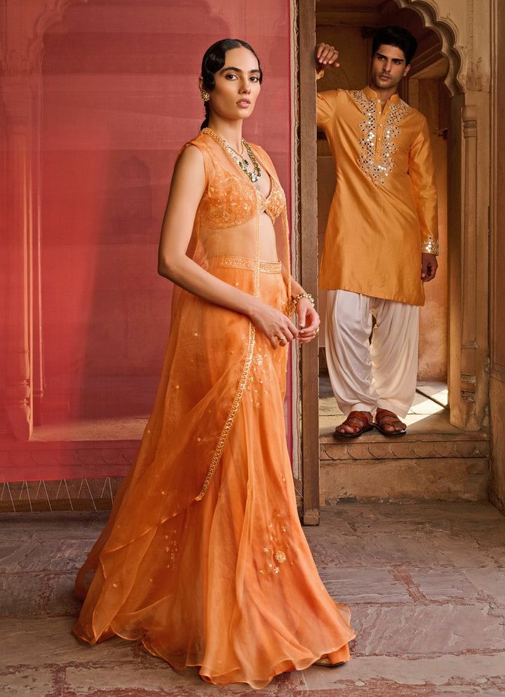 Orange Embroidered Organza Pants Set With Jacket Zoon Tribe - Fabilicious Fashion