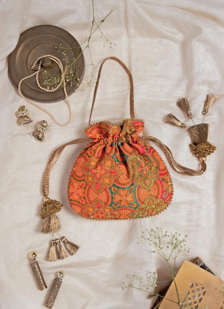 Orange Embroidered Potli AMYRA - Fabilicious Fashion
