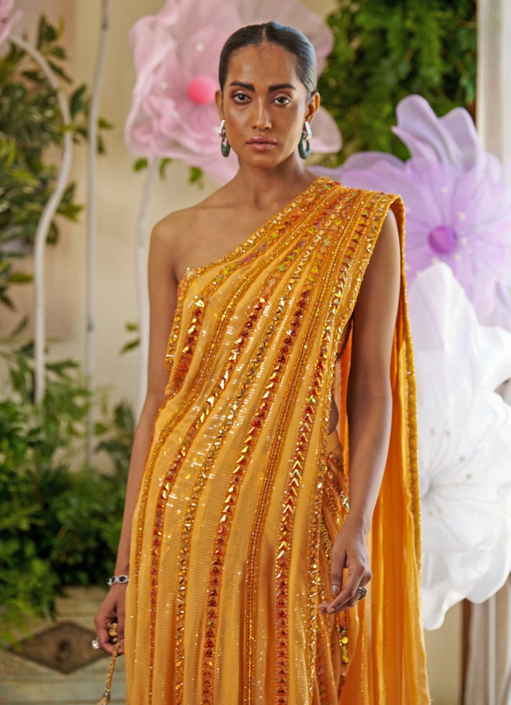 Orange Embroidered Pre - Draped Skirt Saree Moledro - Fabilicious Fashion