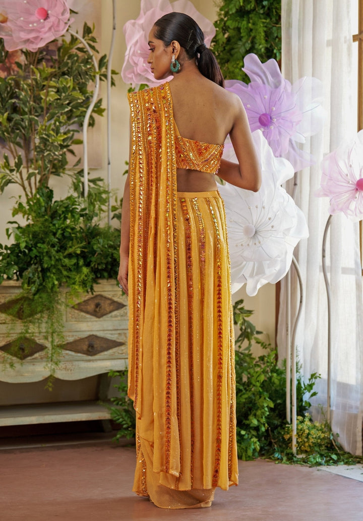 Orange Embroidered Pre - Draped Skirt Saree Moledro - Fabilicious Fashion