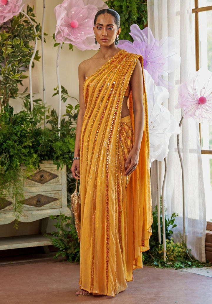 Orange Embroidered Pre - Draped Skirt Saree Moledro - Fabilicious Fashion