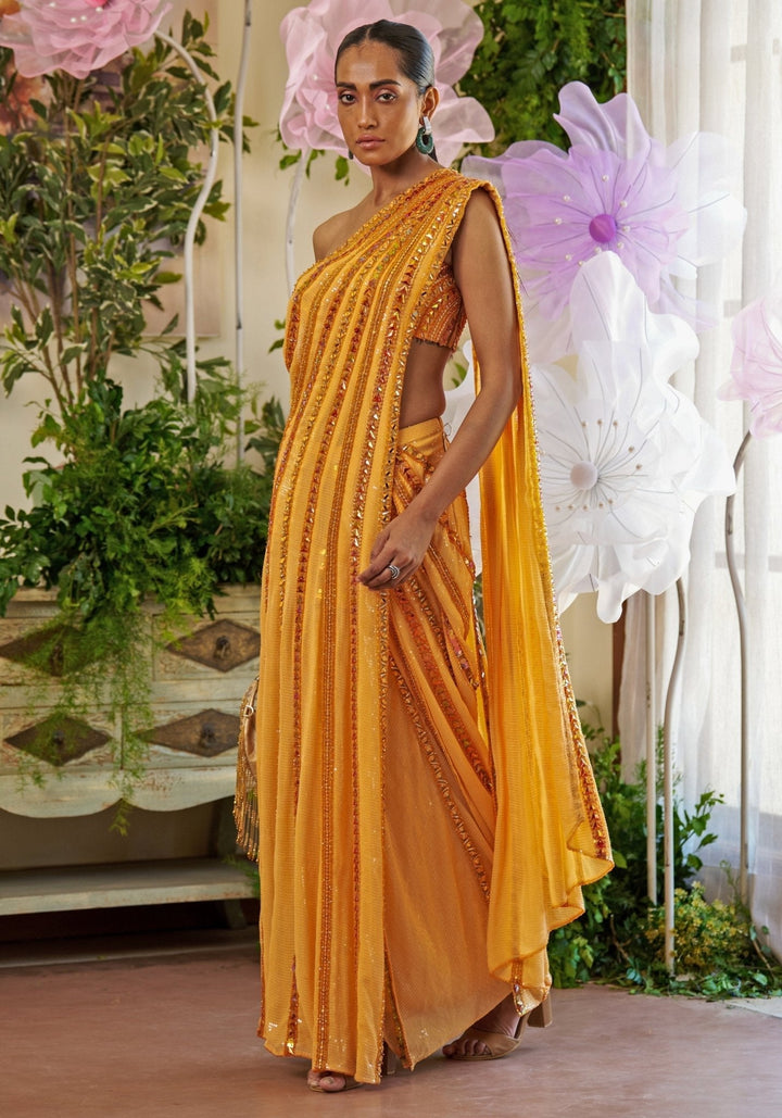 Orange Embroidered Pre - Draped Skirt Saree Moledro - Fabilicious Fashion