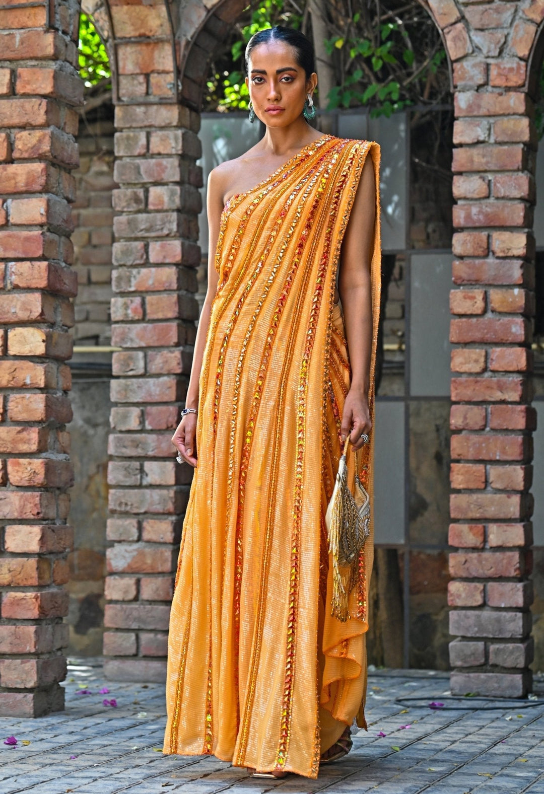 Orange Embroidered Pre - Draped Skirt Saree Moledro - Fabilicious Fashion
