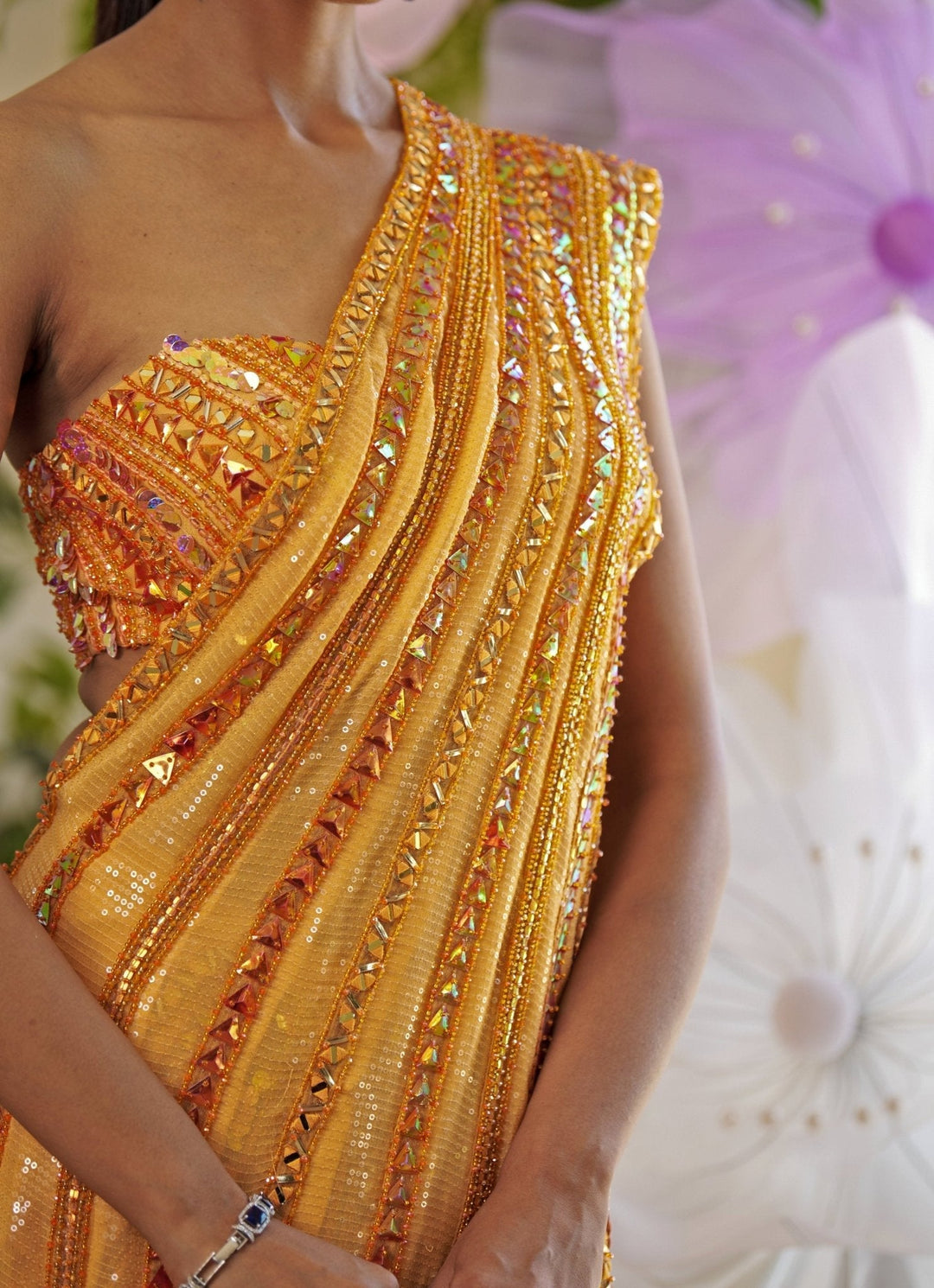 Orange Embroidered Pre - Draped Skirt Saree Moledro - Fabilicious Fashion