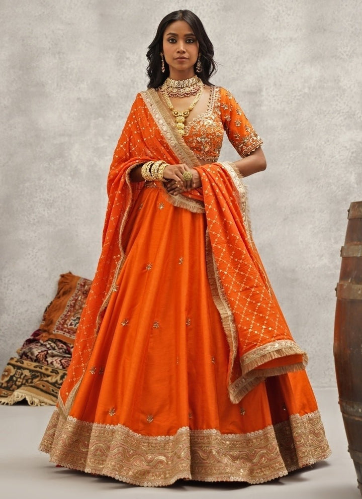 Orange Embroidered Silk Lehenga Set Kapda Dori - Fabilicious Fashion