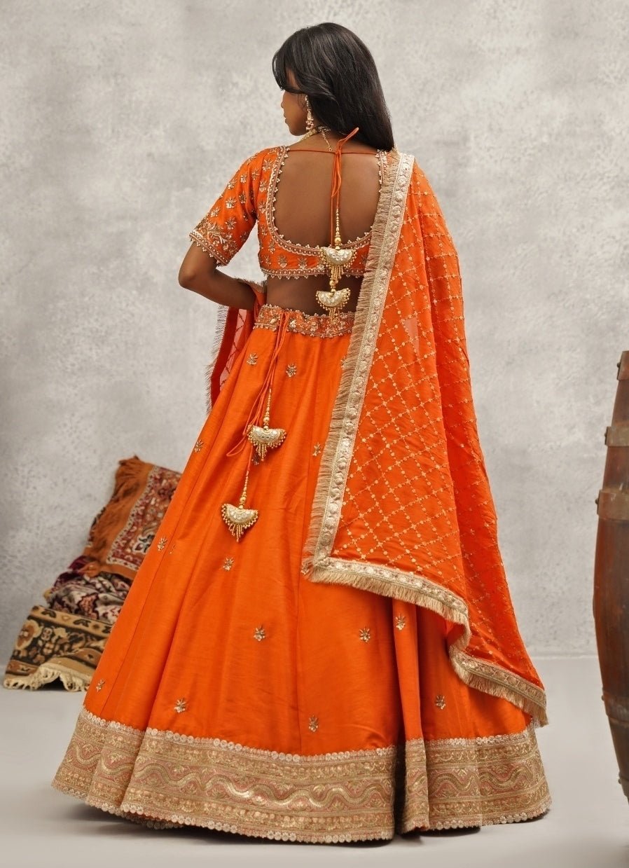Orange Embroidered Silk Lehenga Set Kapda Dori - Fabilicious Fashion