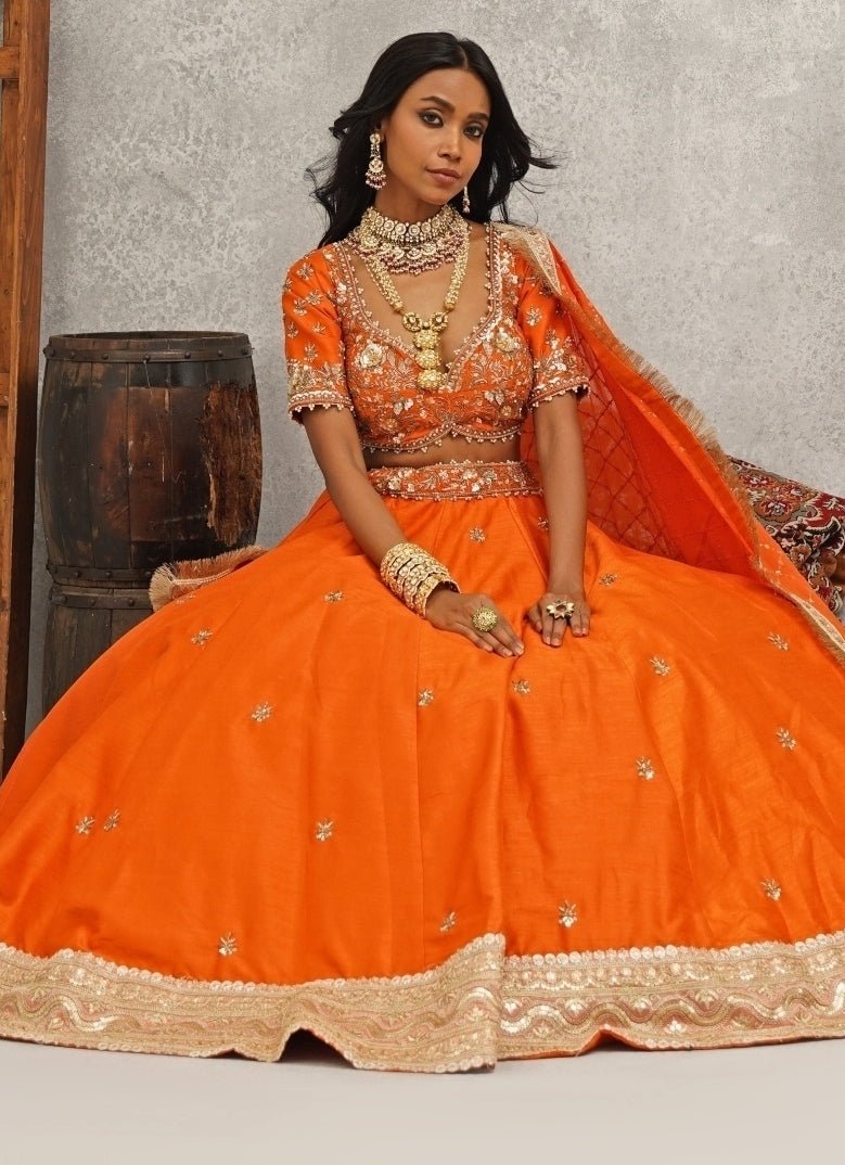 Orange Embroidered Silk Lehenga Set Kapda Dori - Fabilicious Fashion