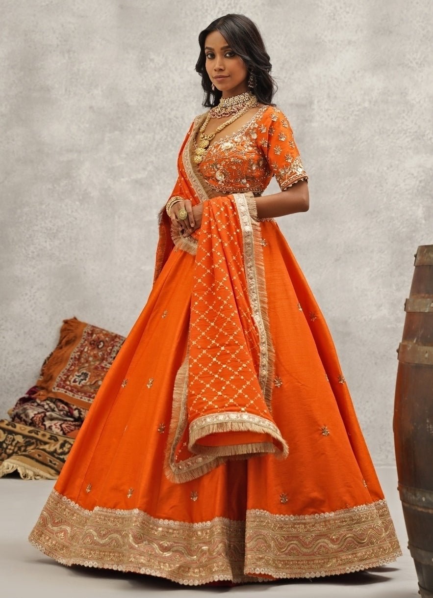Orange Embroidered Silk Lehenga Set Kapda Dori - Fabilicious Fashion