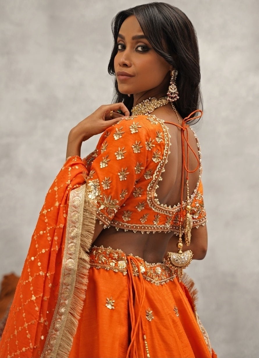 Orange Embroidered Silk Lehenga Set Kapda Dori - Fabilicious Fashion