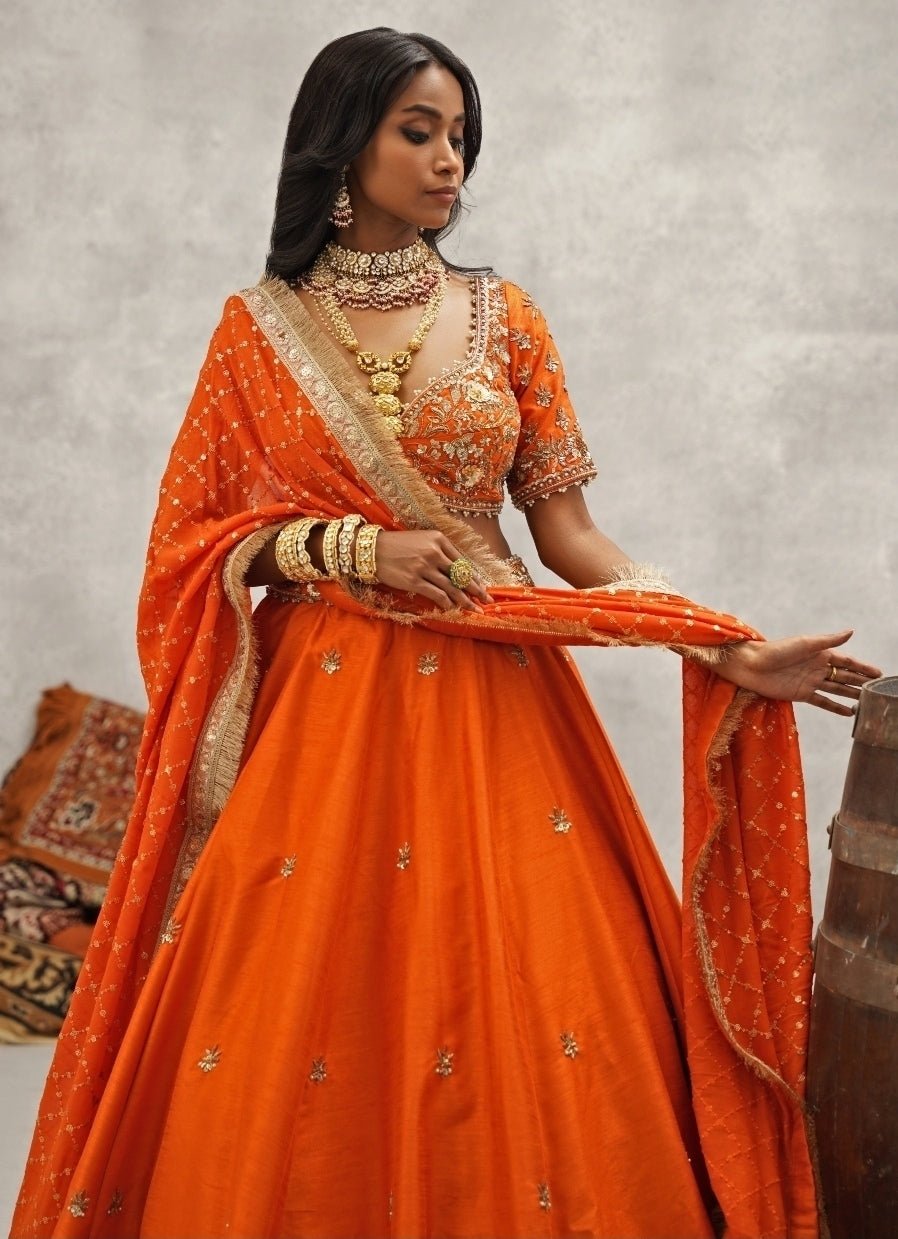 Orange Embroidered Silk Lehenga Set Kapda Dori - Fabilicious Fashion