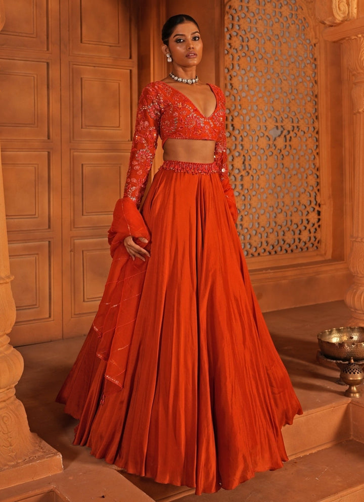 Orange Embroidered Silk Lehenga Enamour by Radha - Fabilicious Fashion