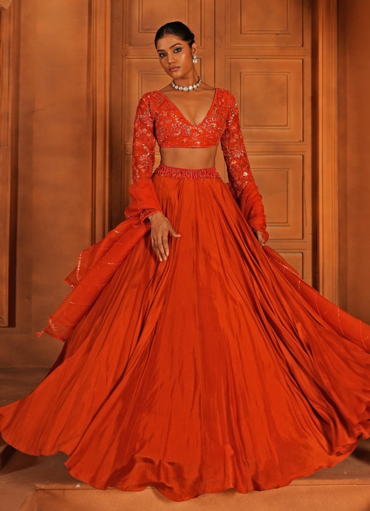Orange Embroidered Silk Lehenga Enamour by Radha - Fabilicious Fashion